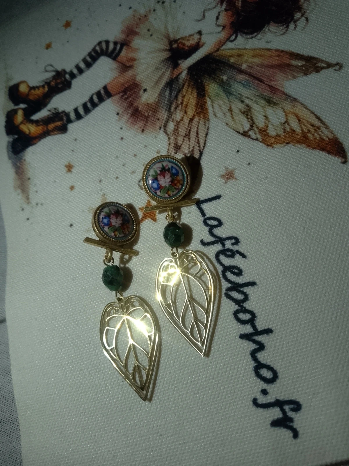 Boucles d'oreilles bohèmes feuilles pierres naturelles – photo 3